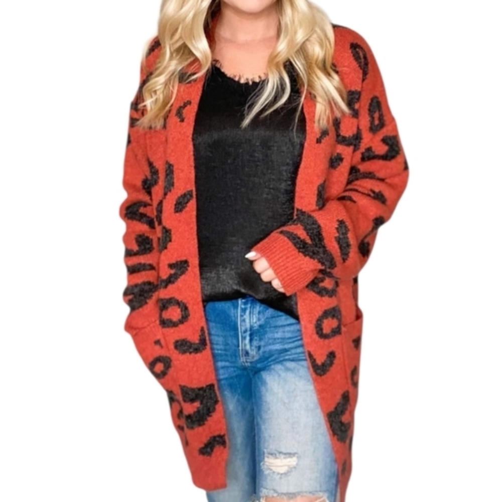 La Miel Women Rust Orange Black Leopard Print Open Front Pocket Cardigan S/M